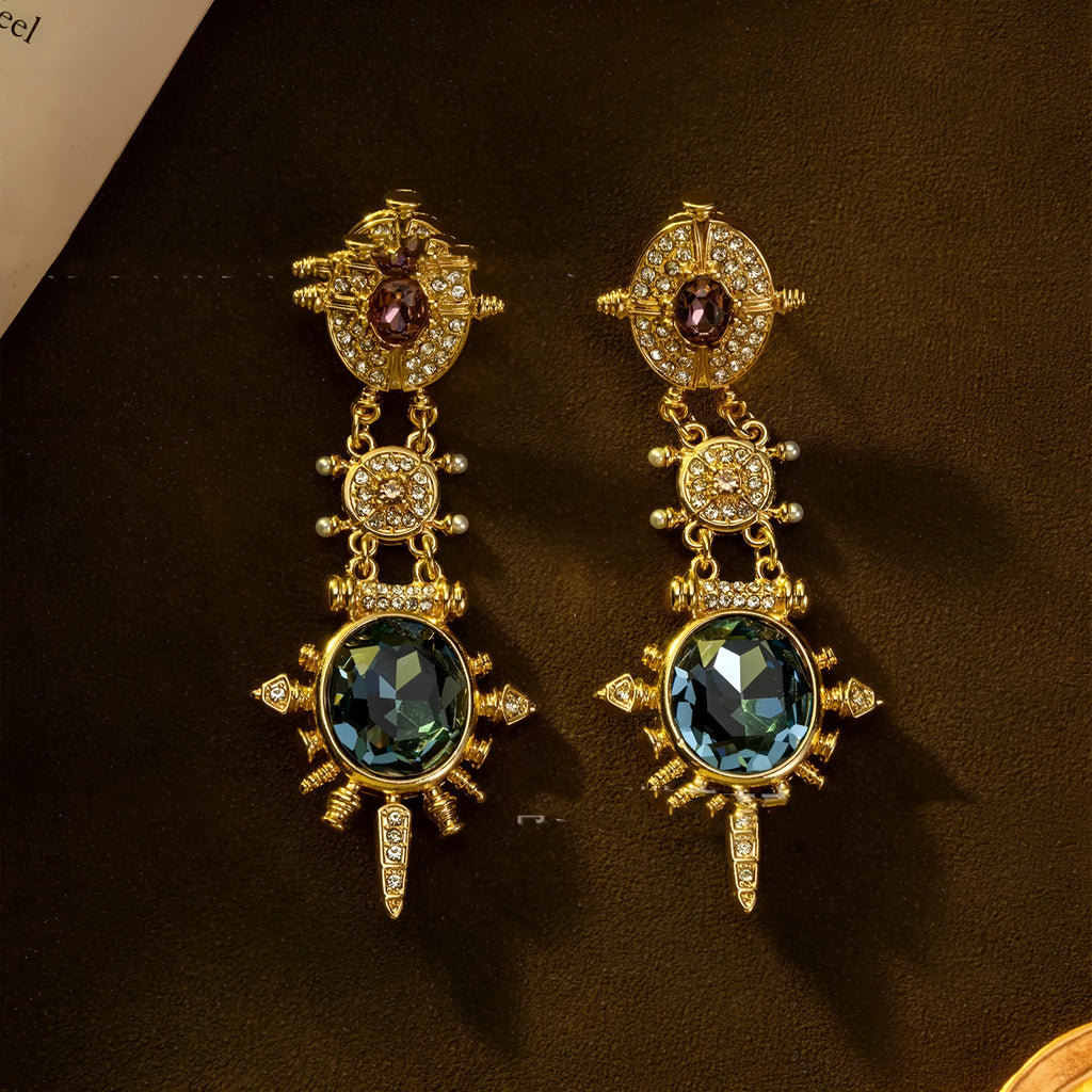 Gold geometric retro stud earrings with round design elements and diamond-treated alloy construction