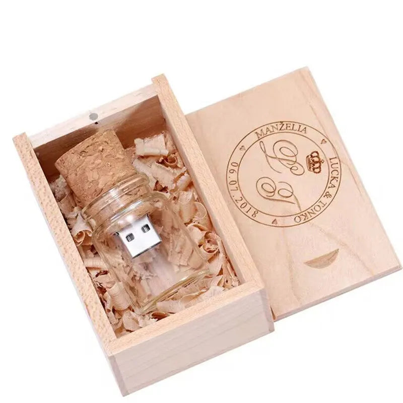 Wooden wish drift bottle shaped USB flash drive with transparent casing showing internal components.