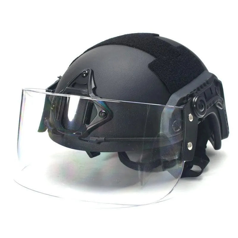 Transparent PC helmet face protection shield with windproof lens on guide rail mount