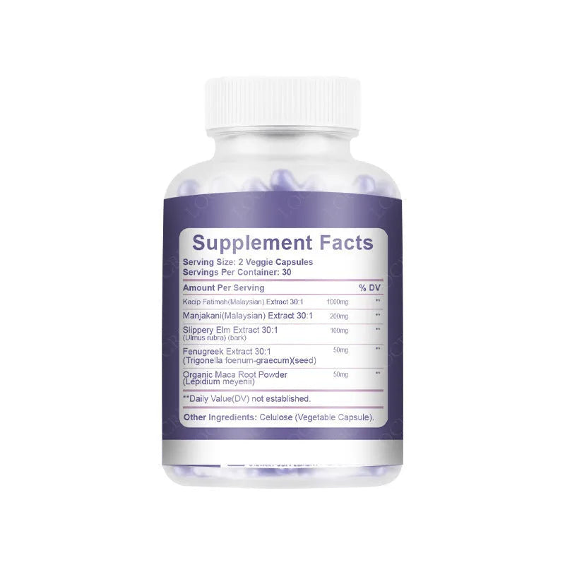 Bottle containing 60 vaginal capsules for adult women's intimate care supplement