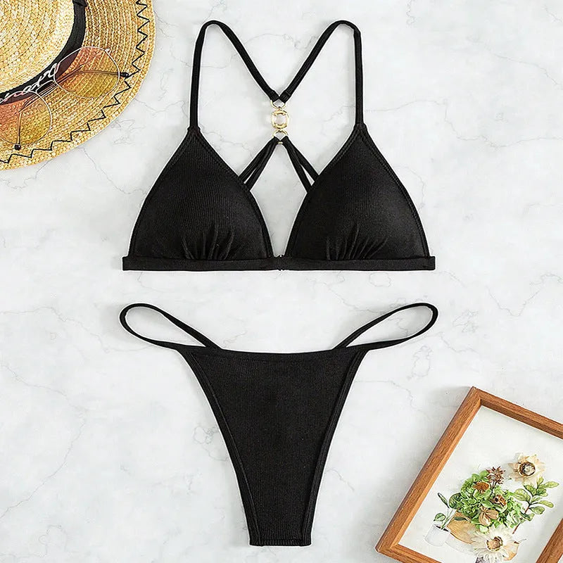 Black women's hollow backless bikini set with triangle top and high-split bottoms