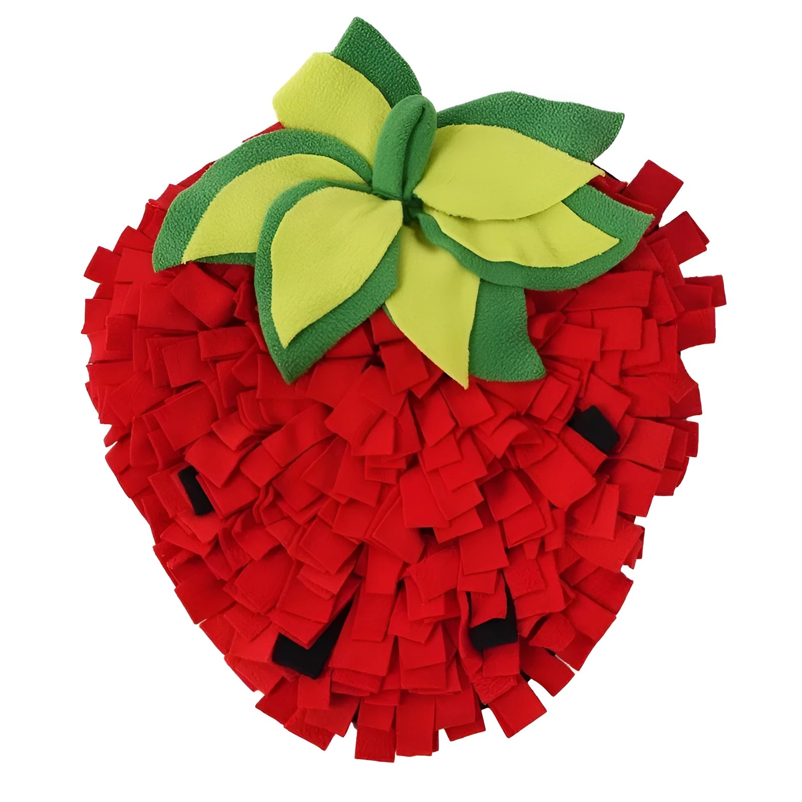 Red and green strawberry-shaped pet slow feeder snuffle mat on a floor