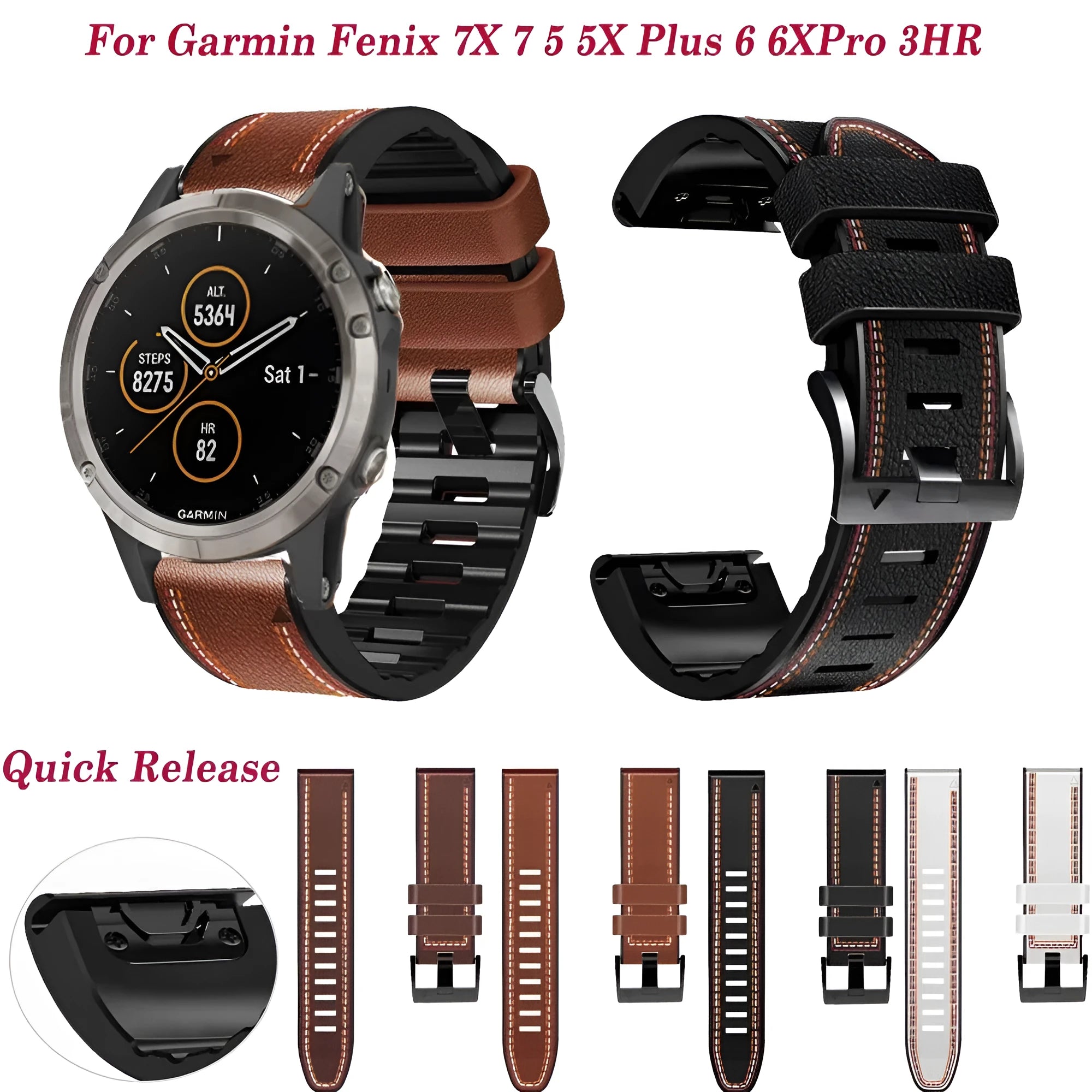 Quick release silicone leather watchband for Garmin Fenix smartwatch in black.