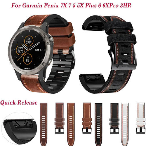 Quick release silicone leather watchband for Garmin Fenix smartwatch in black.
