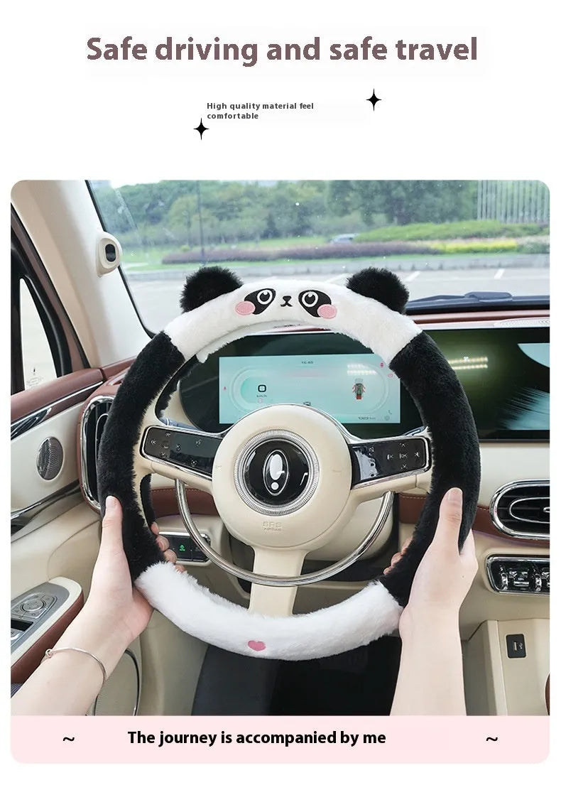 Plush rabbit fur-style steering wheel cover with embroidered cartoon animal design for winter use