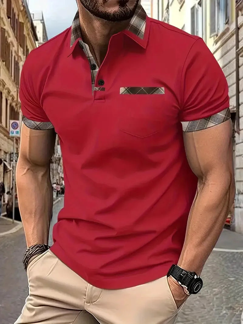 Men's loose fit short sleeve t-shirt with colourblock plaid pattern in polyester fabric
