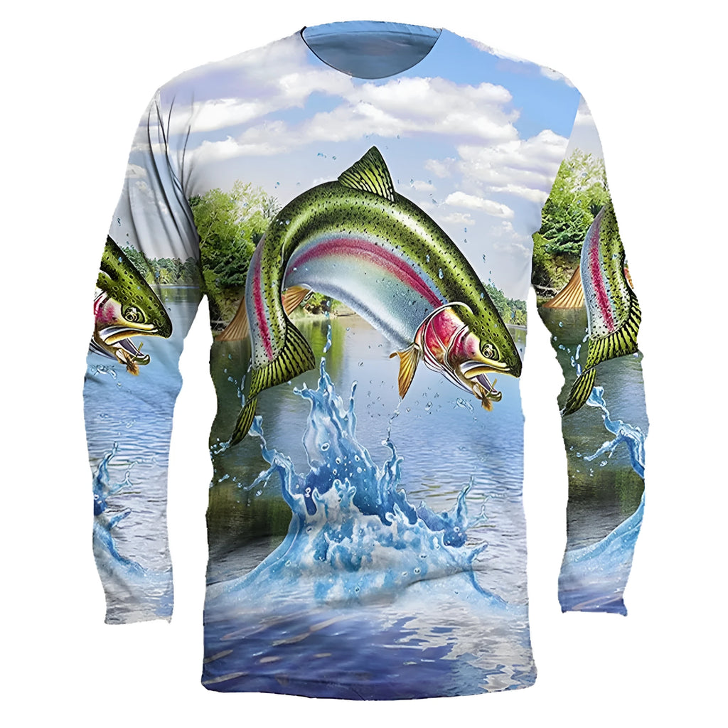 Man wearing a long-sleeved grey pullover top with a colourful fish print design on the front.