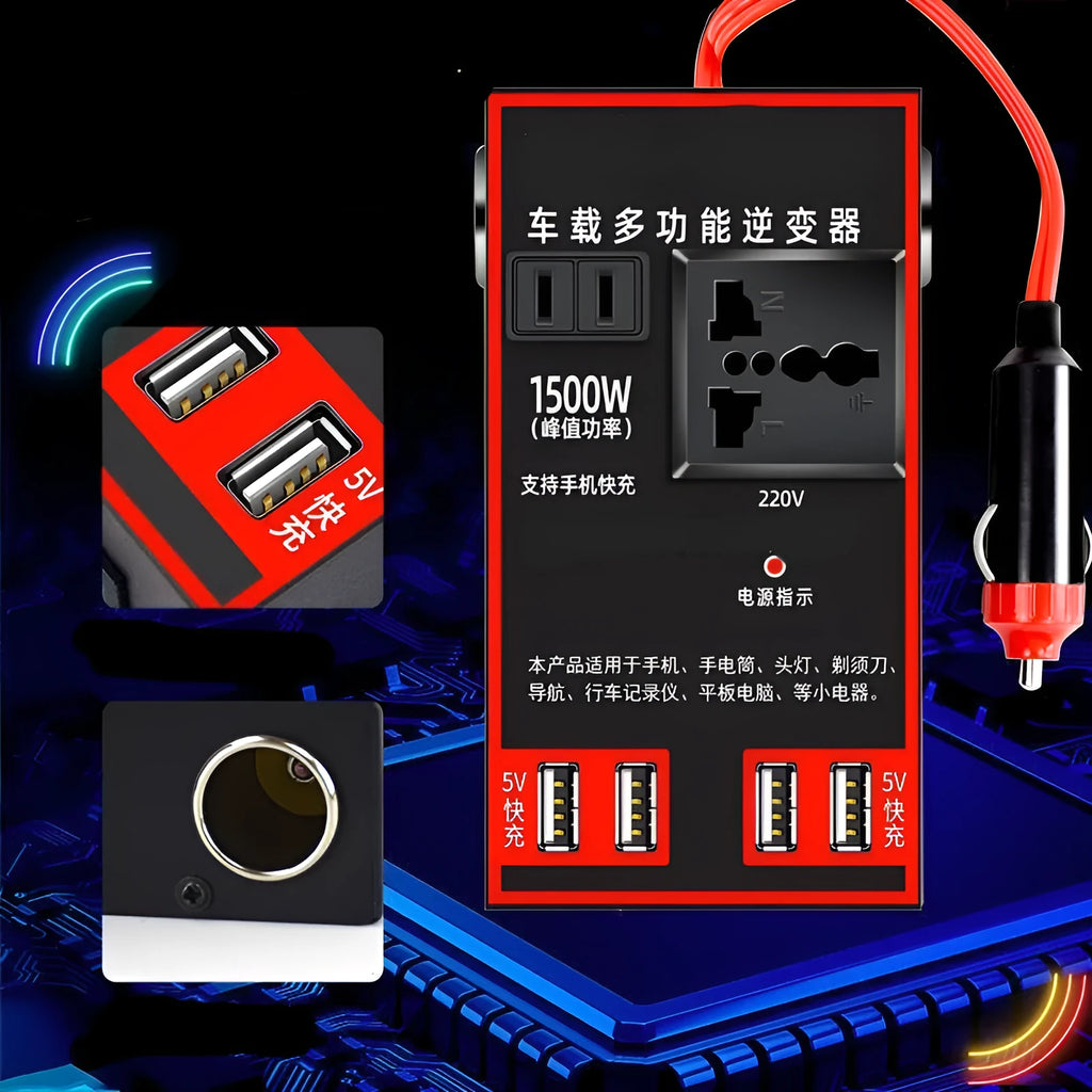 Black automotive power converter transforming 12V 24V vehicle power to 220V AC with USB charging ports