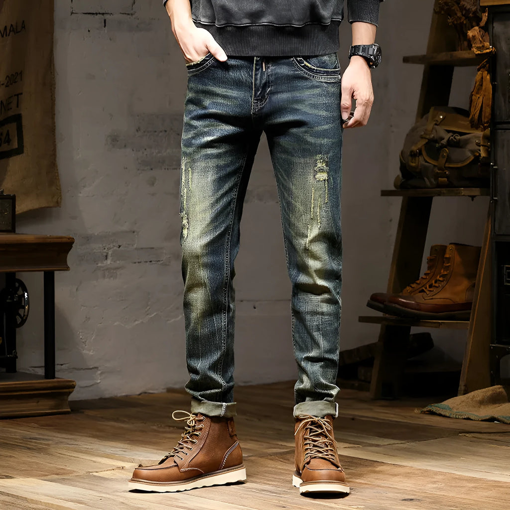 Men's skinny fit jeans in a retro blue colour with a zip fly.