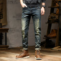 Men's skinny fit jeans in a retro blue colour with a zip fly.