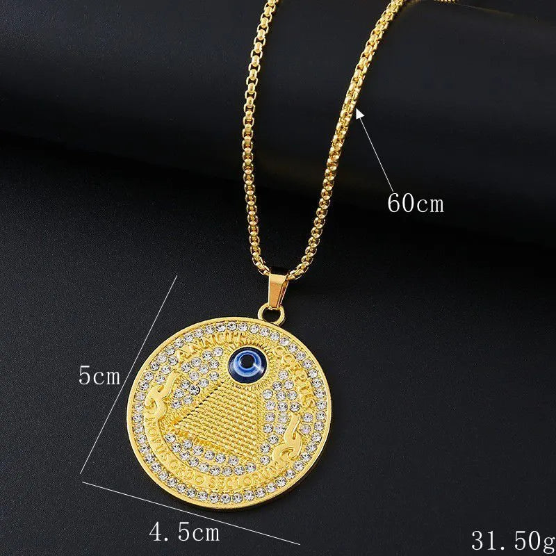 Gold-coloured geometric alloy pendant necklace with an inlaid zircon stone for women.