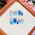 Blue hand-painted carved summer ice transparent fake nails plastic wearable armour sizes XS S M L