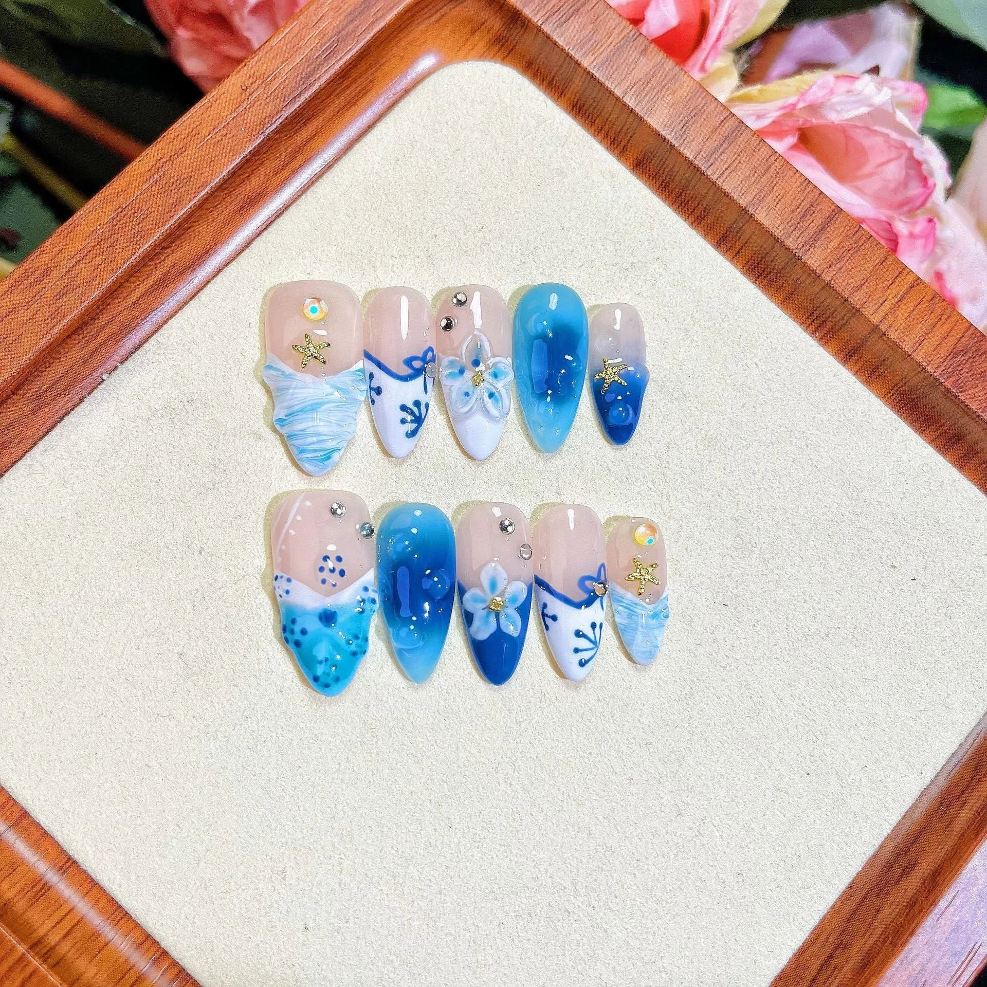 Blue hand-painted carved summer ice transparent fake nails plastic wearable armour sizes XS S M L