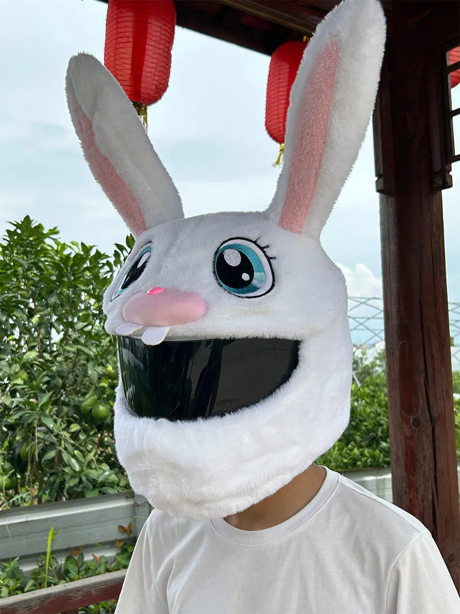 White decorative rabbit head plush cover for an electric motorcycle helmet.