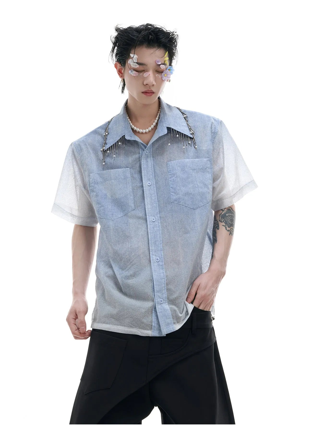 Blue and white gradient men's loose fit short sleeve shirt with quilted details