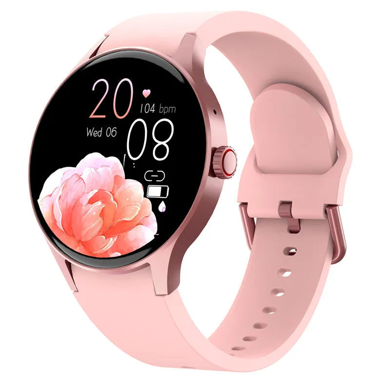 Black Bluetooth sport watch with a round touch screen on a wrist.
