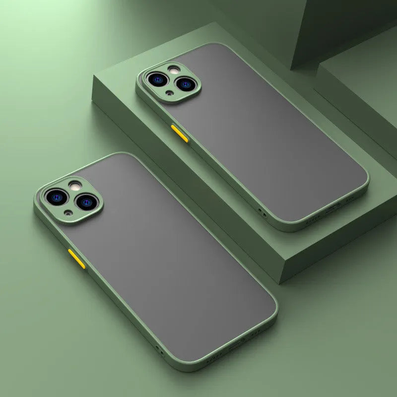 Fine hole skin-sensing frosted hard phone case for iPhone on a solid colour background.