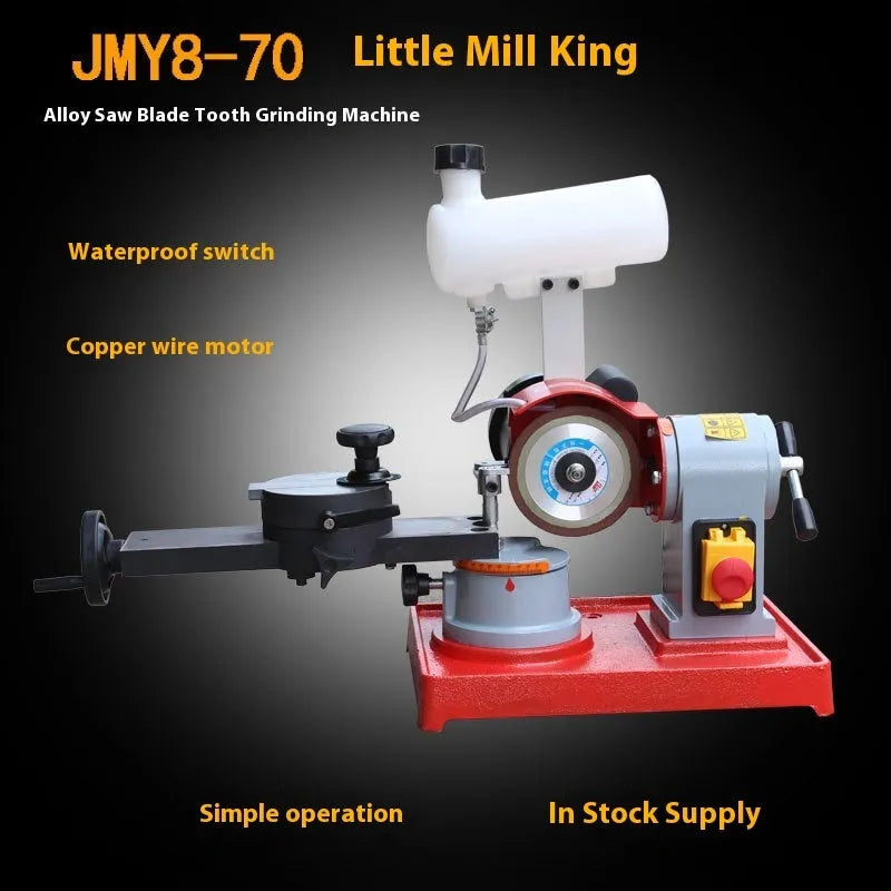 Small manual sharpening machine for grinding teeth on alloy circular saw blades.