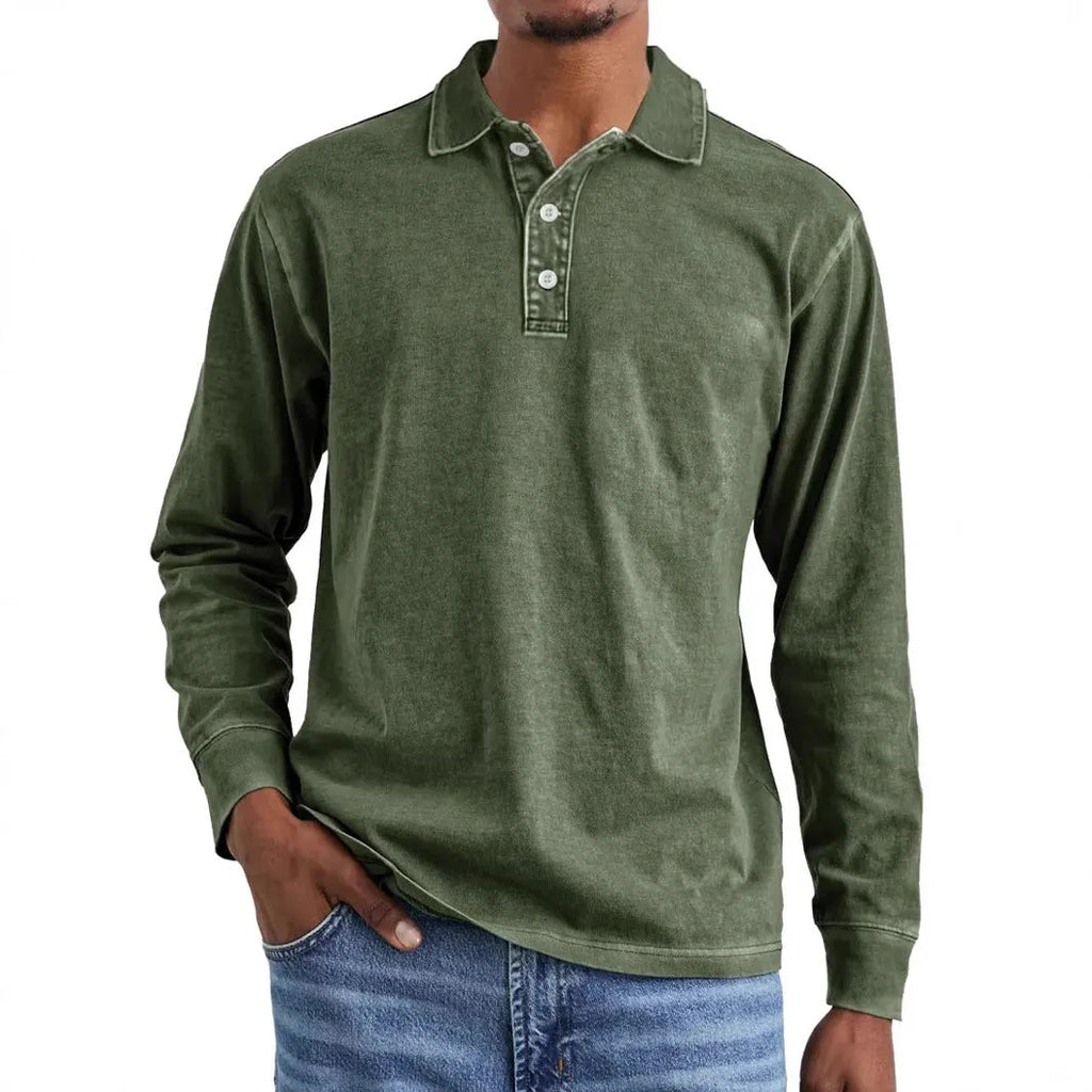 Man's retro washed distressed pure cotton long sleeve polo shirt with lapel collar in army green colour.