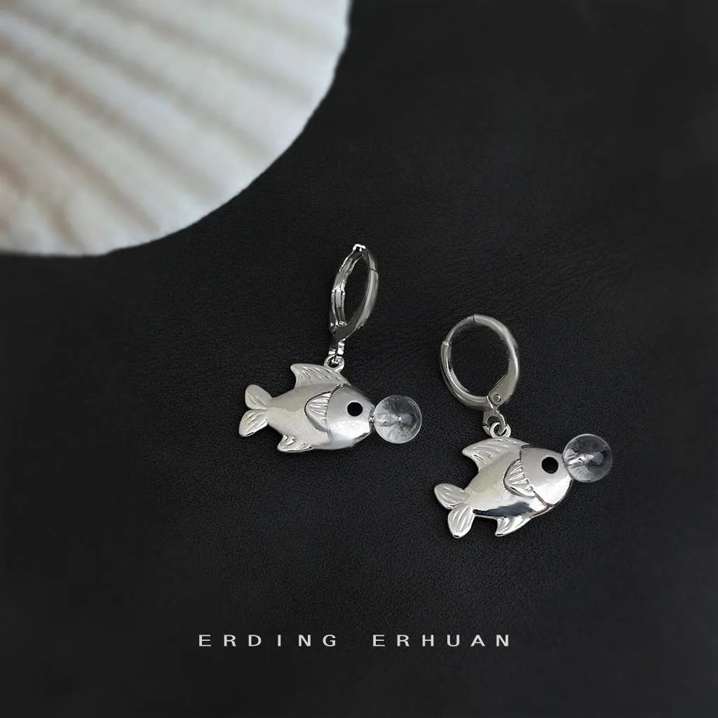 Fish earrings with bubble fish design and goldfish elements in electroplated copper