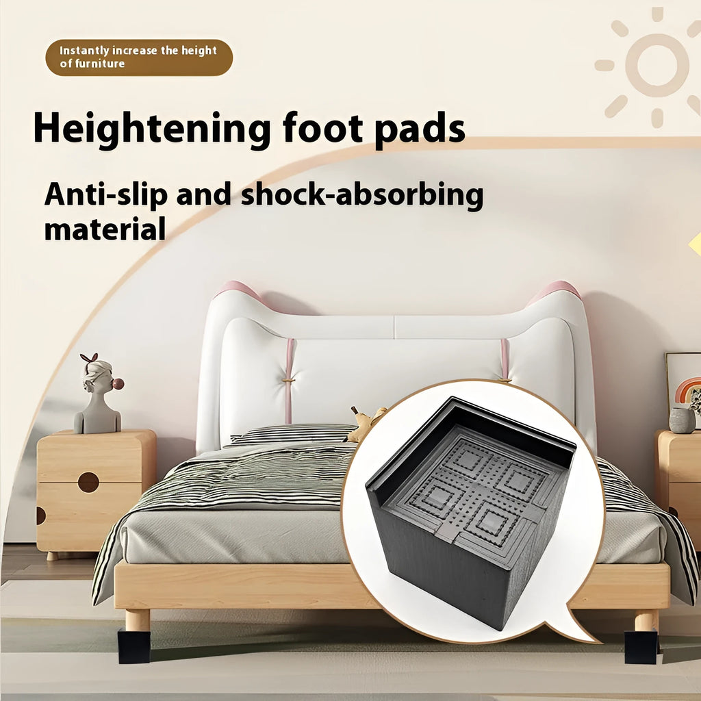 Black plastic bed and sofa foot risers four pack for furniture height adjustment