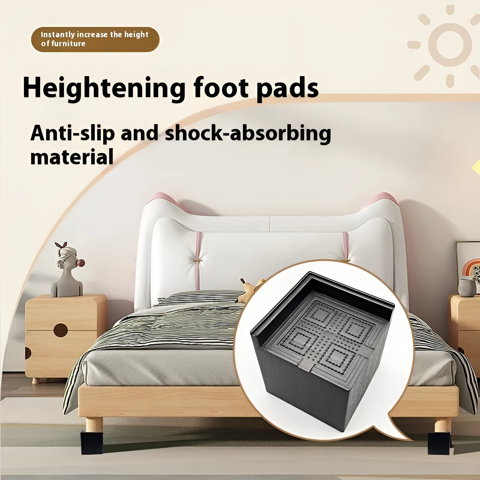 Black plastic bed and sofa foot risers four pack for furniture height adjustment