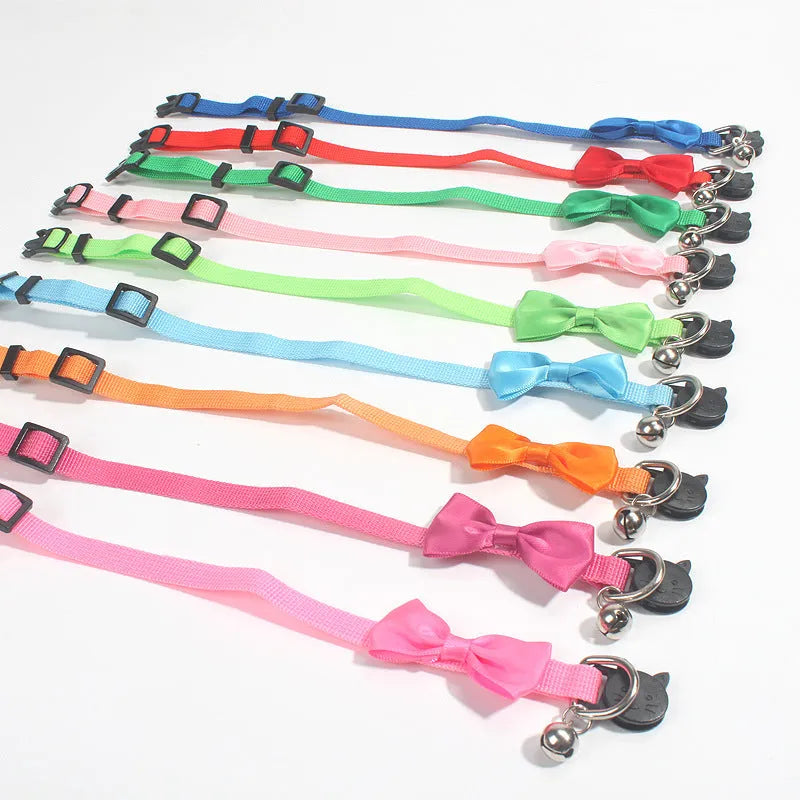 Adjustable nylon cat collar with bell in striped pattern available in multiple colours like red blue and green