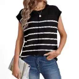 Women's striped sleeveless pullover top with bone stitching in apricot colour