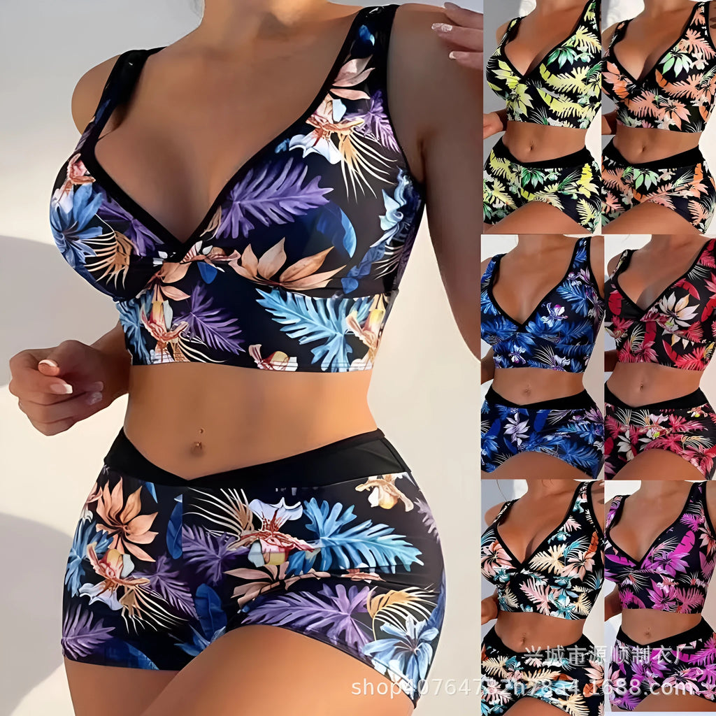 Women's two-piece swimsuit set with boxer brief bottoms in a printed design.