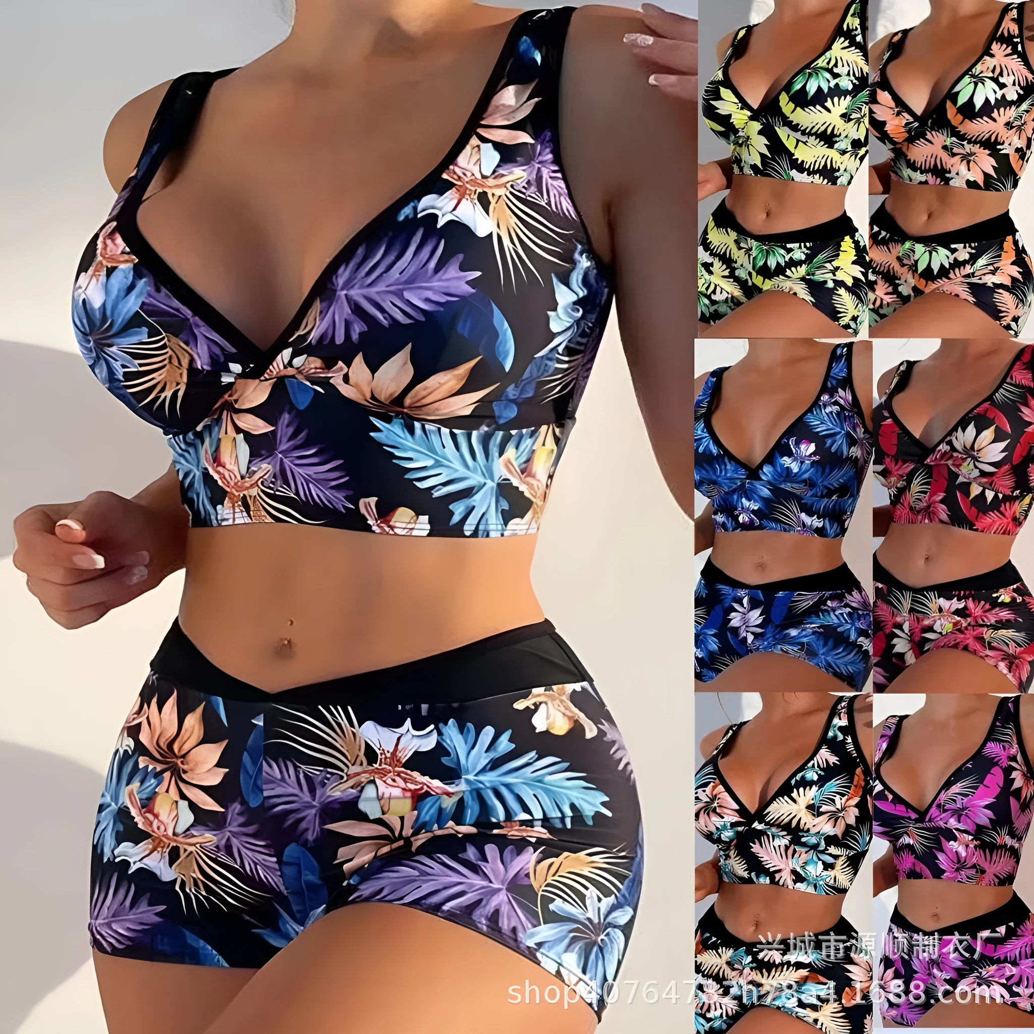 Women's two-piece swimsuit set with boxer brief bottoms in a printed design.