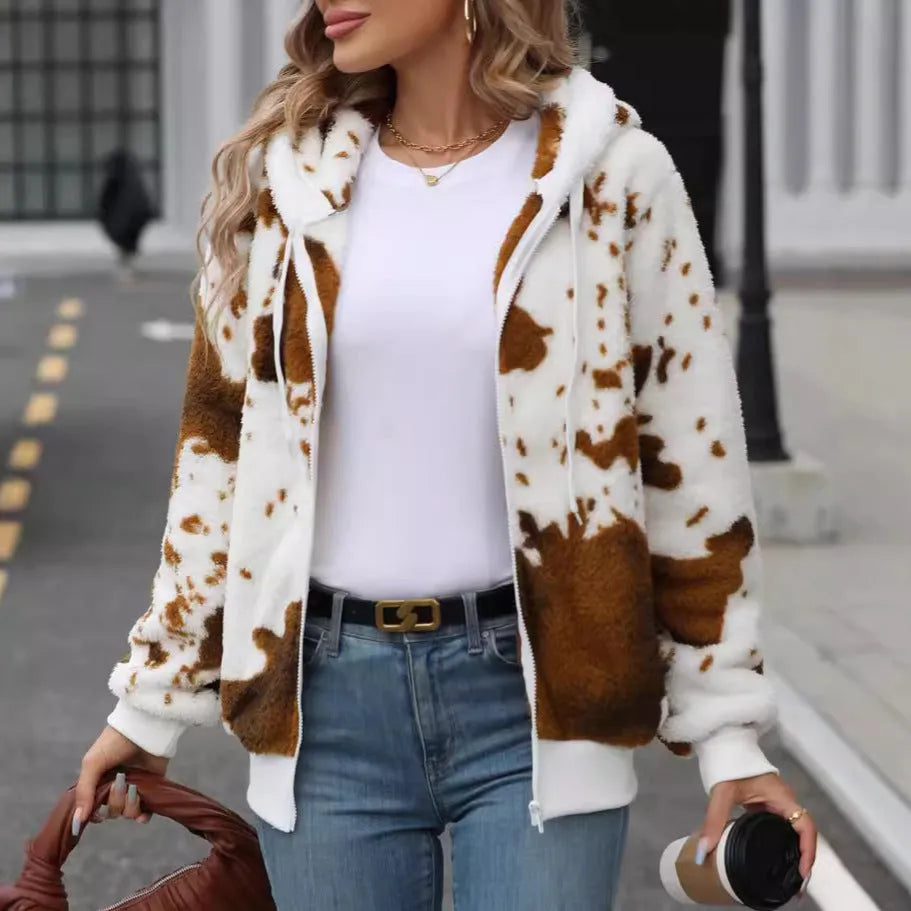 Yellow brown cow animal print plush hooded cardigan jacket for men with zip front.