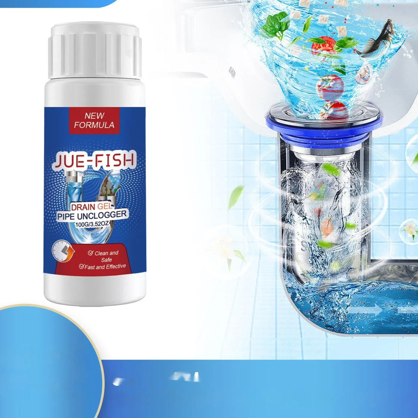 100g pipe dredge agent bottle for sewer and toilet cleaning, 11cm tall.