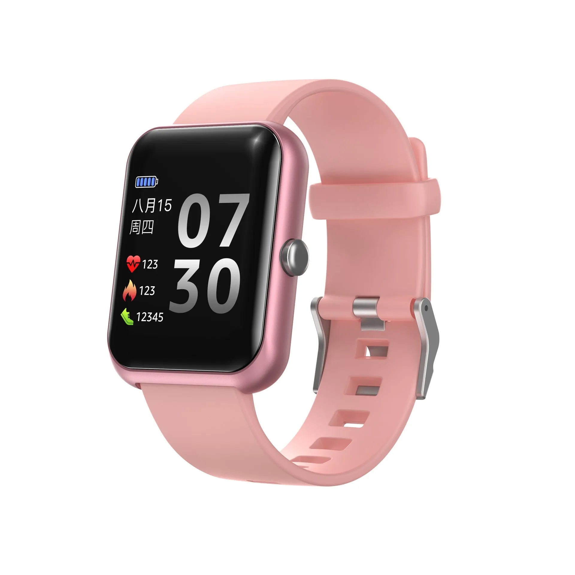 Square-faced Bluetooth sports watch for couples with coloured anodised aluminium case and black silicone strap.
