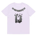 Loose grey cotton short-sleeve T-shirt with a round neck on a hanger.