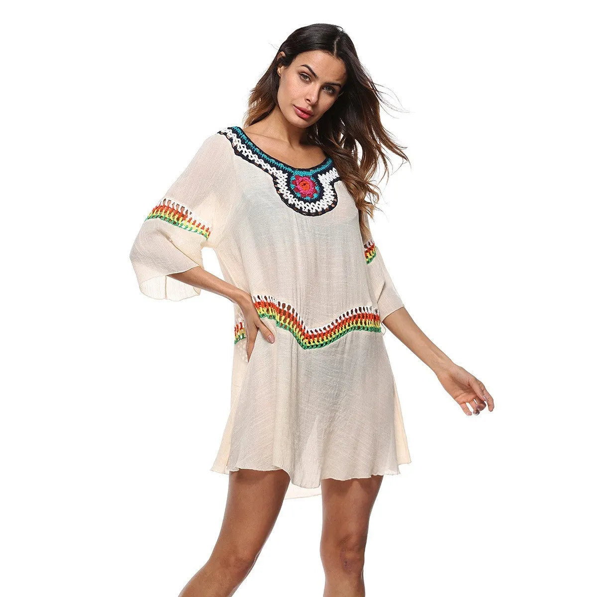 Crocheted ethnic style white polyester sun protection clothing for women on a beach