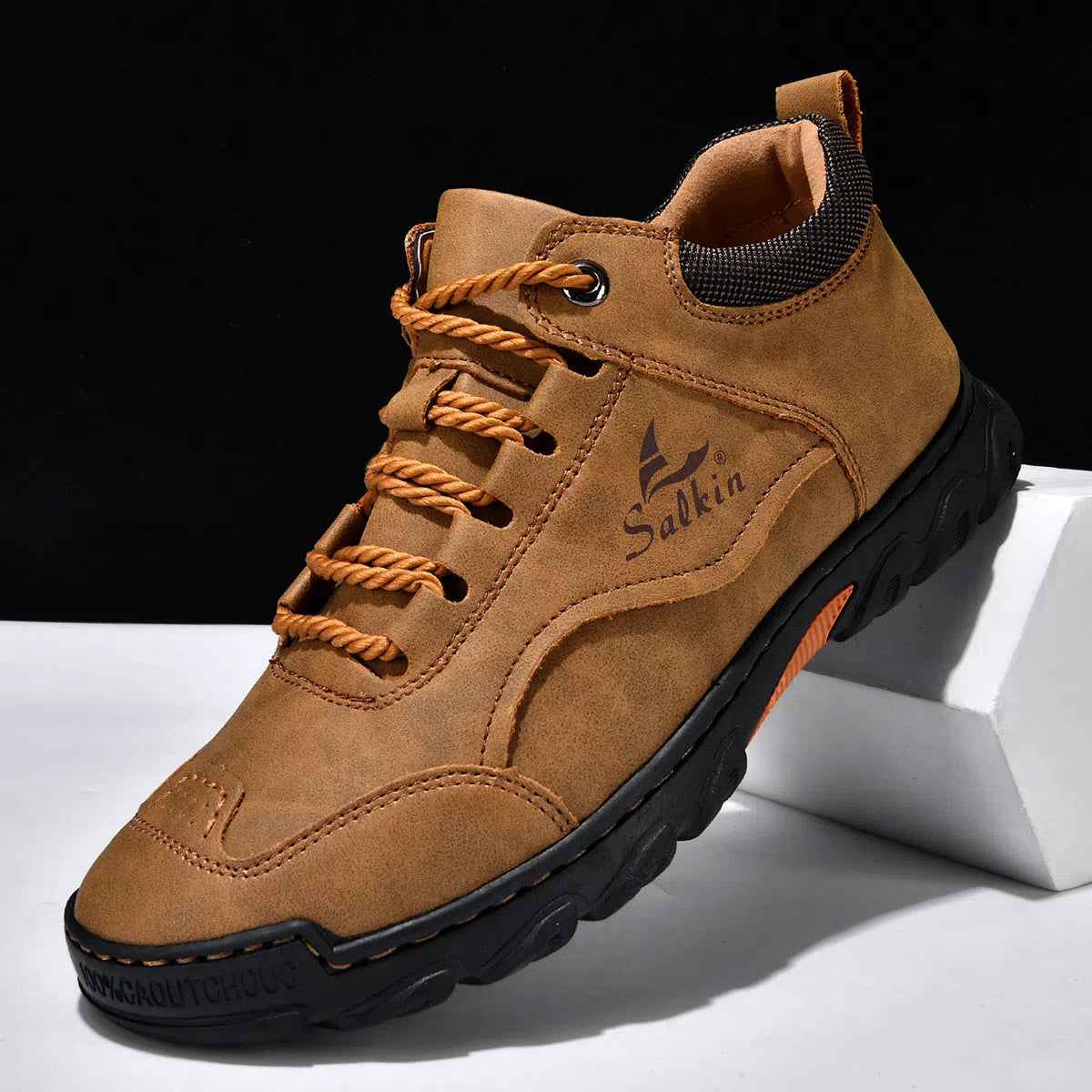 Flat lace-up casual hiking shoes in beige with PU upper, rubber sole, and round toe