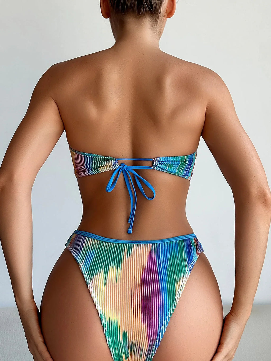 Women's colour printed tube top bikini set with briefs for swimming.