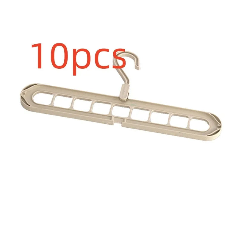 Plastic multifunctional hanger with nine holes for trousers in beige, blue, grey, green, or pink colours