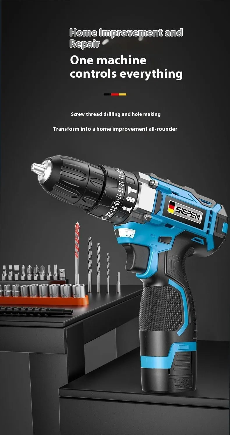 12V dual-speed pistol grip impact drill and electric screwdriver set inside a plastic storage box.