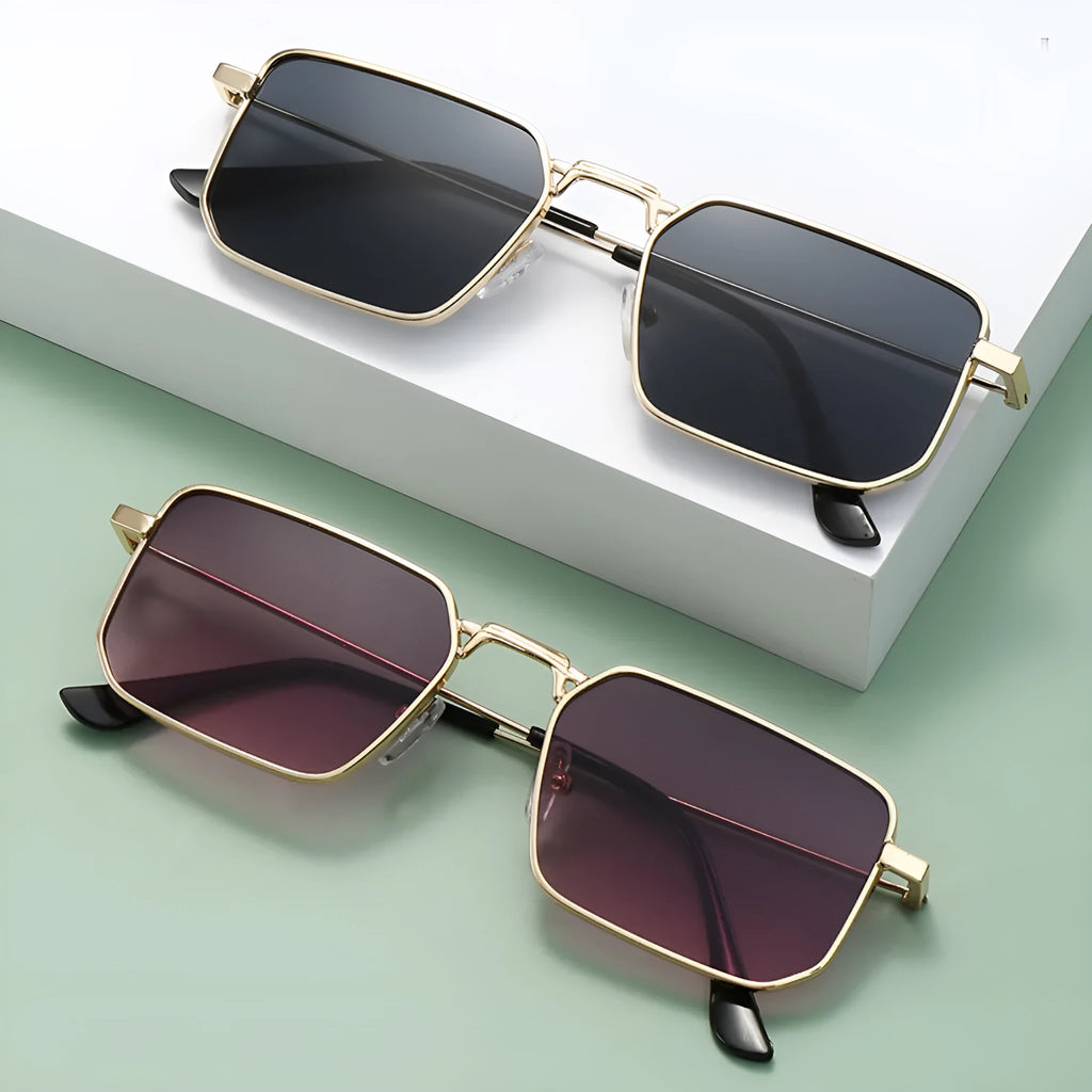 European American square steampunk men's sunglasses with gold frame and gray lens