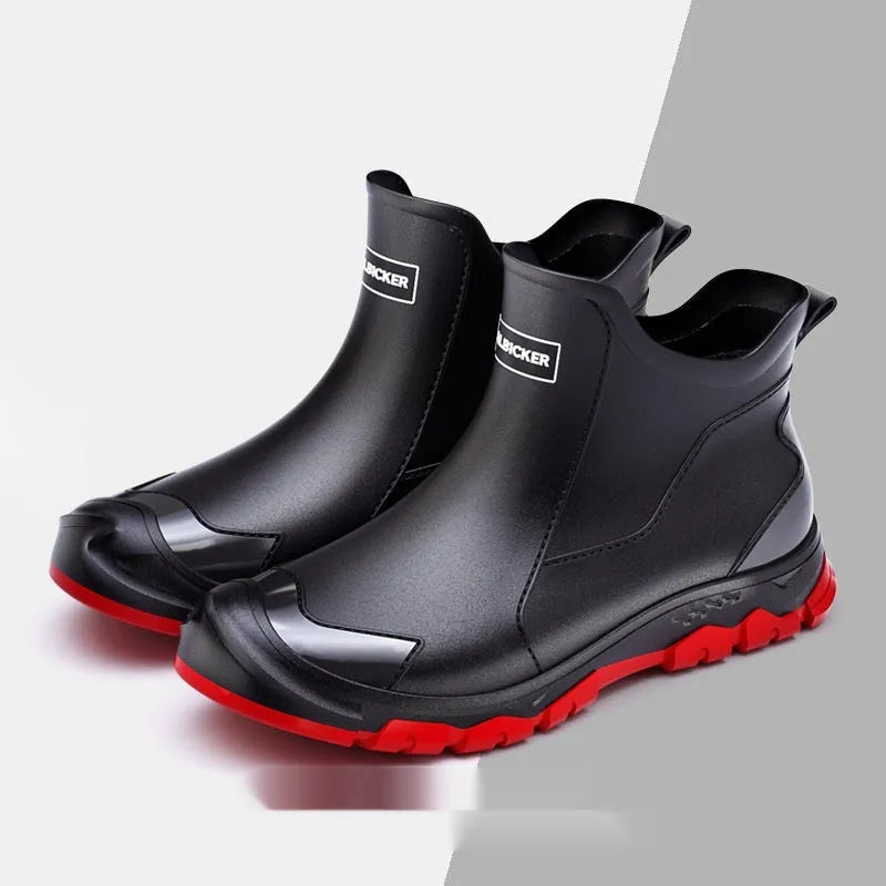 Short tube PVC outdoor wading boots with round toe and flat heel in various colours.