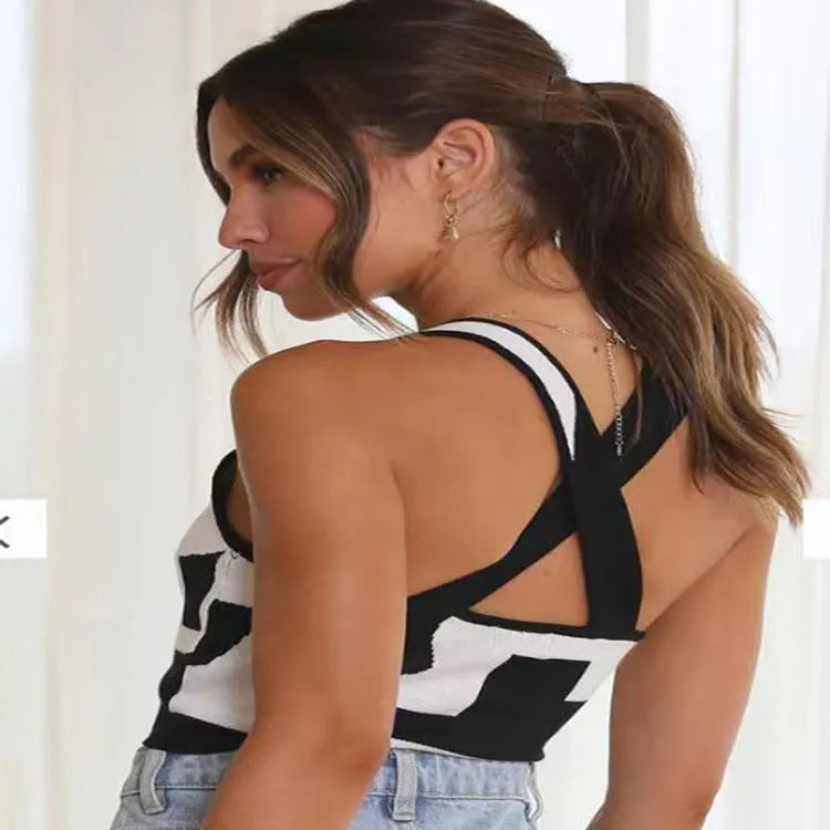 Women's U-neck camisole top with contrast colour trim in core-spun polyester fabric