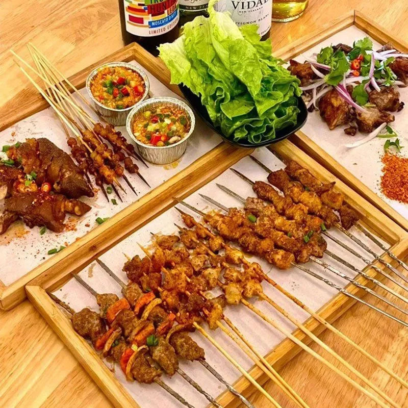 Square bamboo serving tray with brown handle in pastoral style for commercial hospitality use