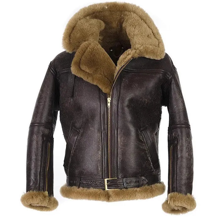 Men's brown synthetic fur coat with straight hem and side pockets for winter wear