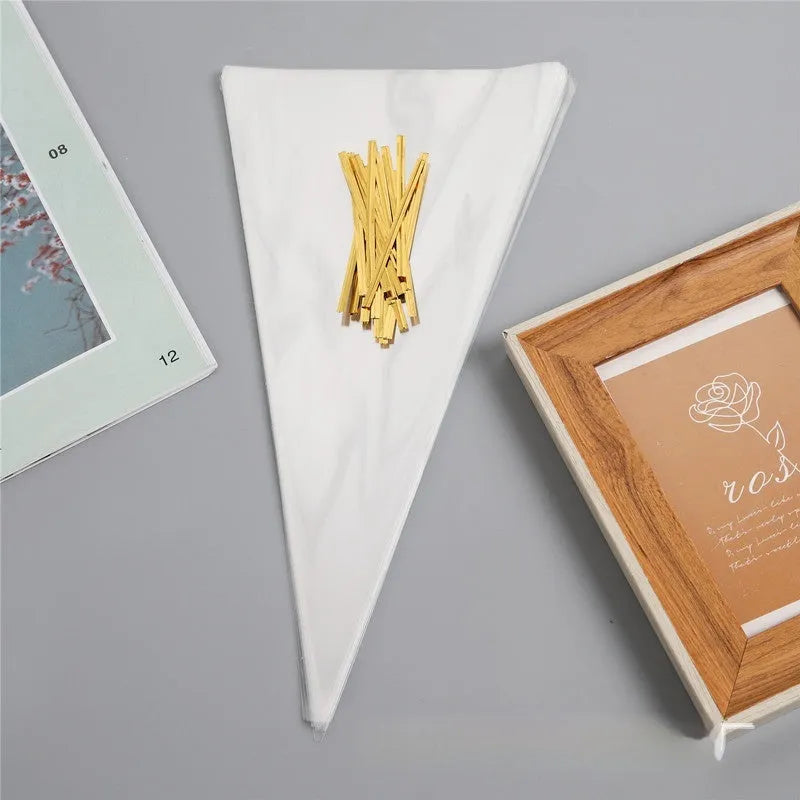Clear triangle plastic packaging bag with integrated wire tie closure showing three size options