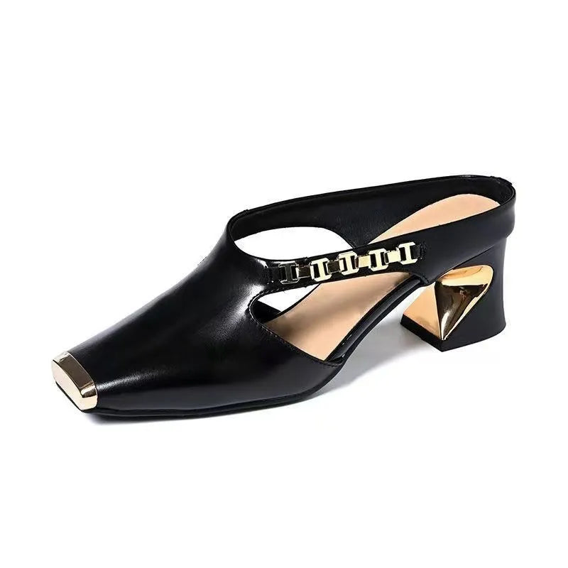 Metal Tilta French retro square toe sandals in black with PU upper and rubber sole