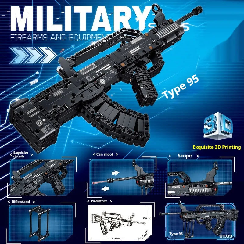Building blocks toy gun in 98K sniper rifle colour with mechanical bullet launch assembly, gift box packaging