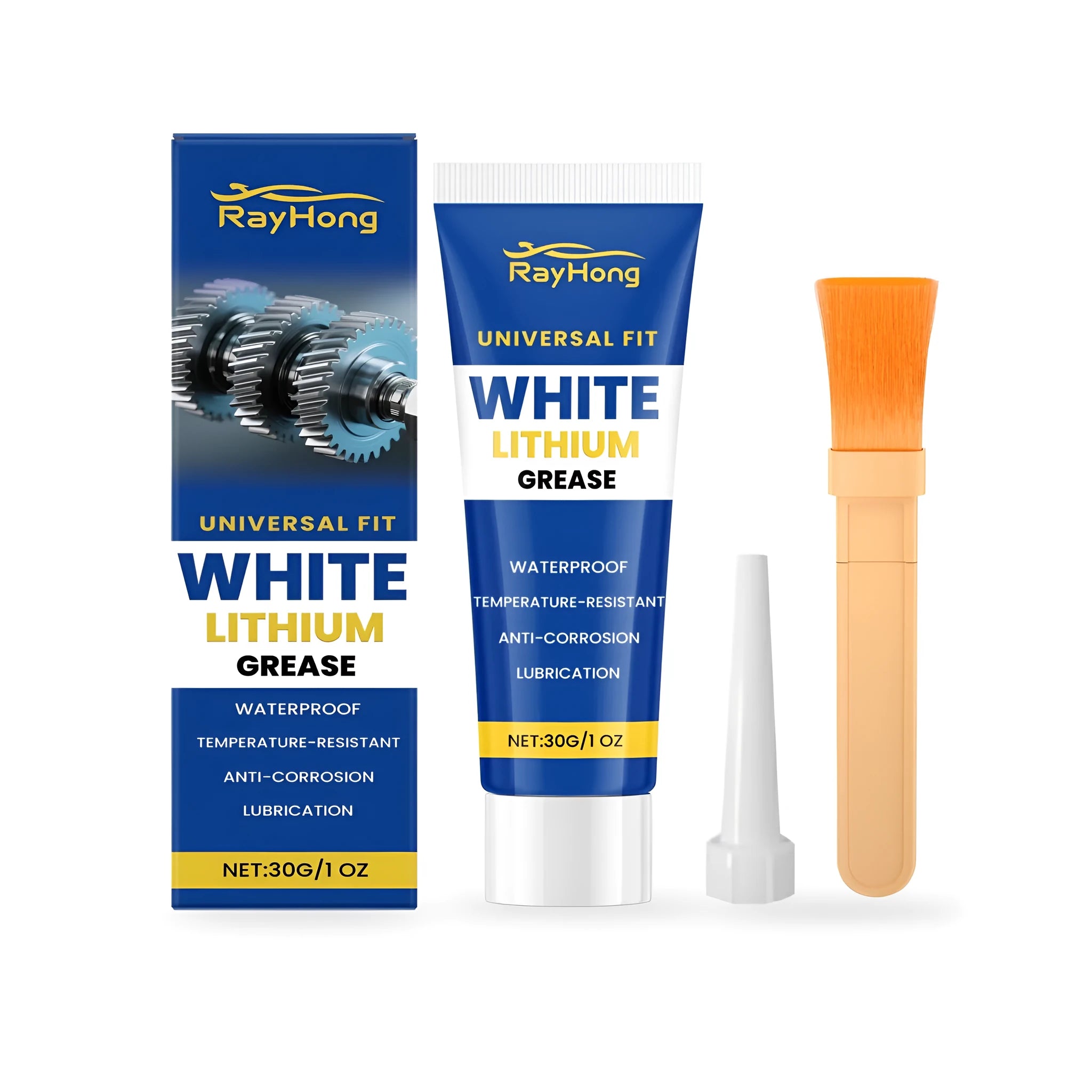 30g tube of white lithium grease with separate applicator brush and nozzle tip.
