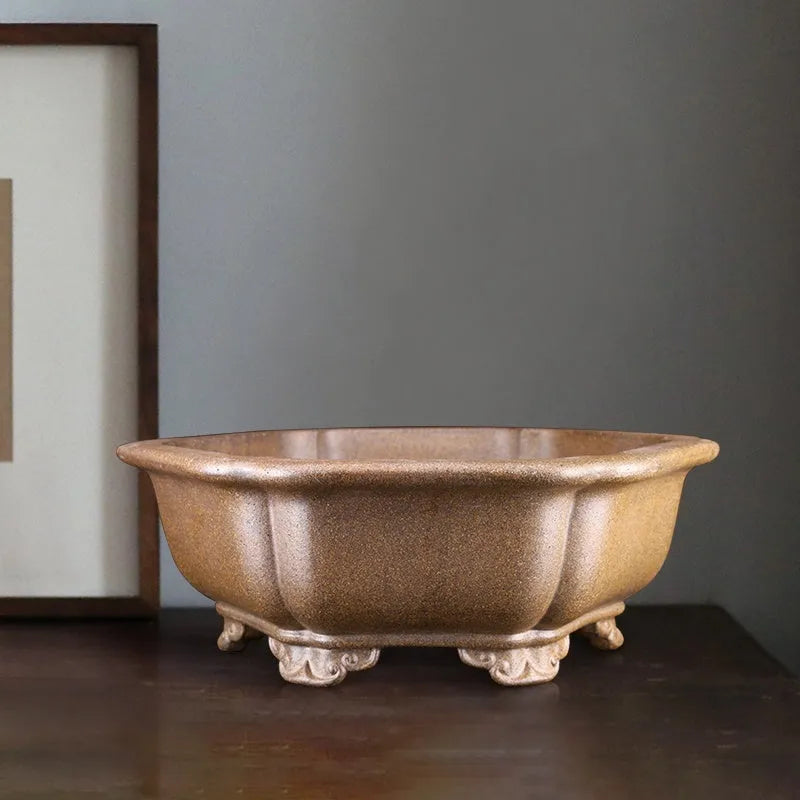 Handmade purple sand bonsai pot with hexagonal shape and Taiwan pine decorative motif
