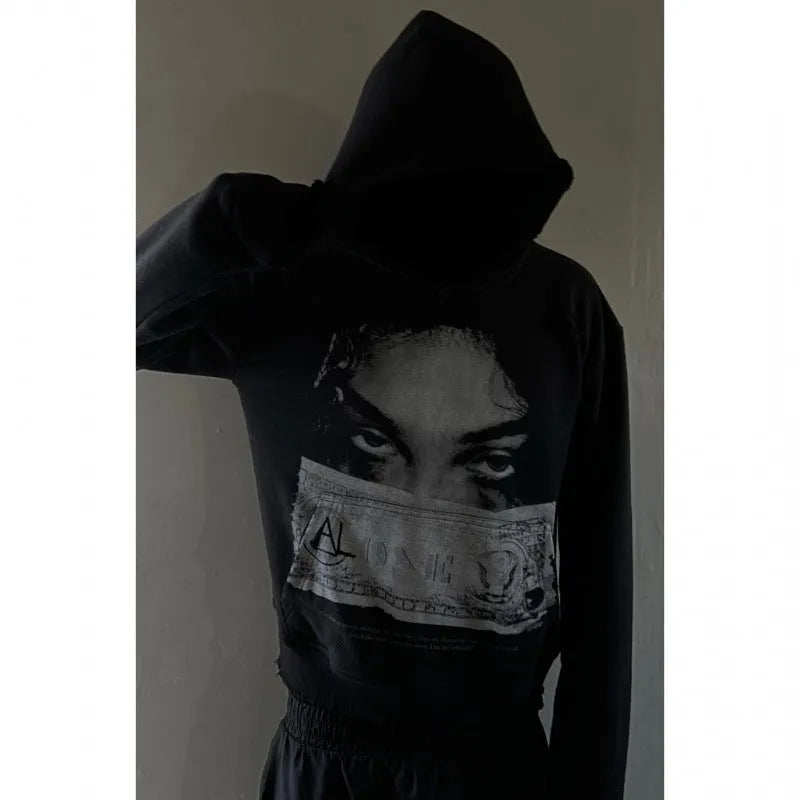 Women's dark printed cartoon pattern hooded sweater, loose fit, polyester fabric, black, sizes S to 5XL